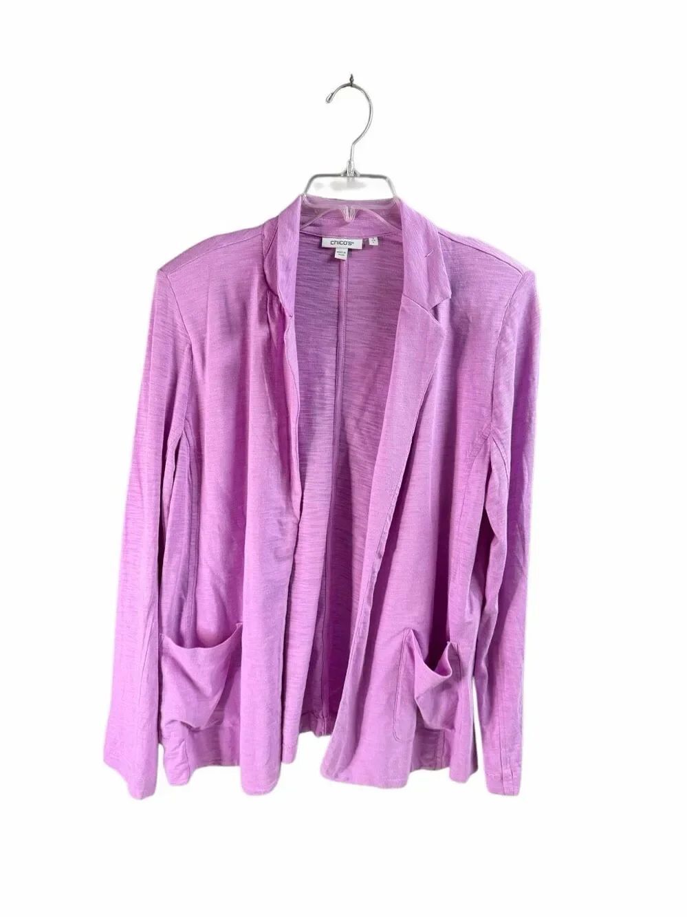 Chico’s Size 2 (Large) Open Front Cardigan Blazer Front Pocket Lightweight Lilac